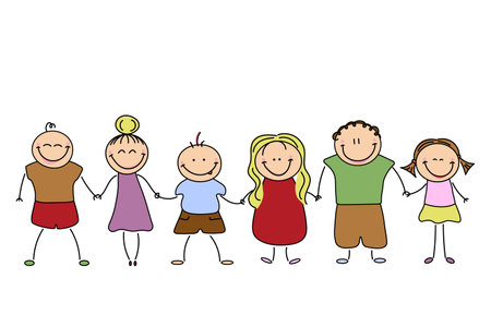 Hand drawn characters of children holding hands. Vector illustration of cheerful kids.のイラスト素材