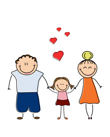 Hand-drawn family characters. Happy family holding hands. Isolated on white background.のイラスト素材