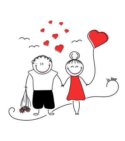 Hand drawn characters of a loving couple. Couple holding hands. Wedding theme. Isolated on white background.のイラスト素材