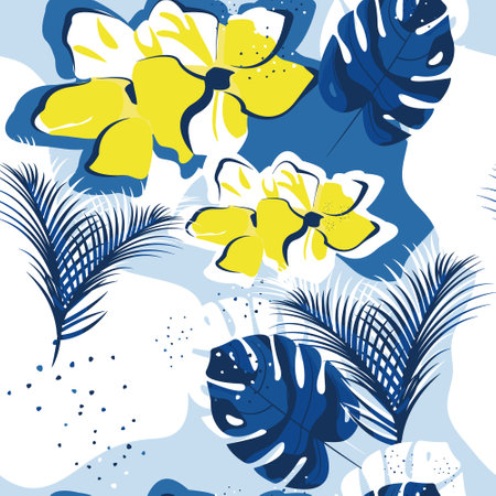 Abstract seamless pattern with tropical plants. Leaves, flowers, palm trees, monstera and dots. For textiles, prints, bedding, packaging design and wallpaper.のイラスト素材