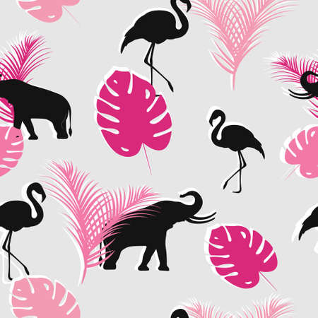 Seamless pattern with elephant, flamingo and tropical plants. Leaves, palms and monstera. For textiles, printed matter, bedding, packaging design and wallpaper.のイラスト素材