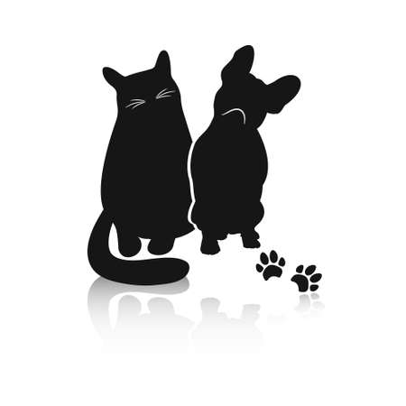 Silhouette of a cat and a dog and footprints. Paw and pets with reflection isolated on white background.のイラスト素材