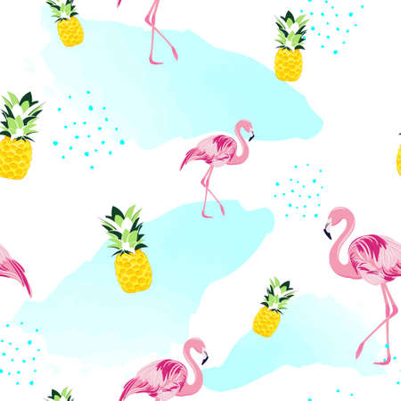 Flamingo and pineapple seamless pattern. Use for prints, textiles, bedding, packaging design and wallpaper.のイラスト素材