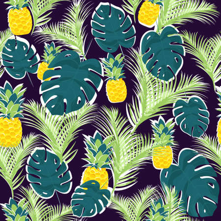 Tropical seamless pattern with pineapple, monstera and palm trees.のイラスト素材