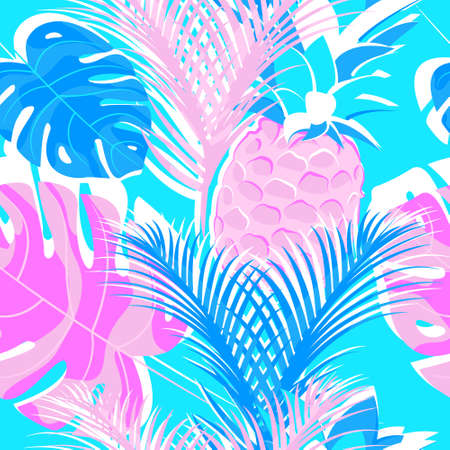 Tropical seamless pattern with pineapple, palm and monster. For textiles, printed matter, bedding, packaging design and wallpaper.のイラスト素材