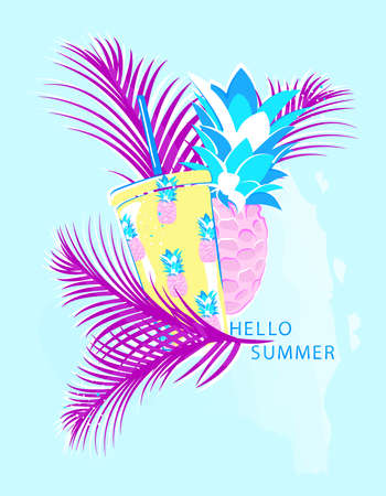 Vector banner with summer drink and pineapple and inscription Hello Summer. For flyer, poster, print, invitations and more.のイラスト素材