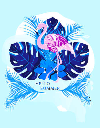 Vector banner with flamingo tropical plants and inscription Hello Summer. For flyer, poster, print, invitations and more.のイラスト素材