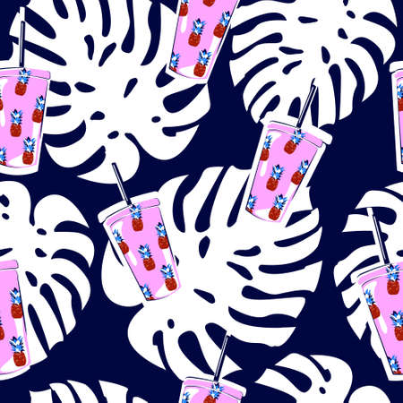 Tropical seamless party pattern. With drink, pineapple and monstera. For prints, flyers, textiles and wallpapers.のイラスト素材