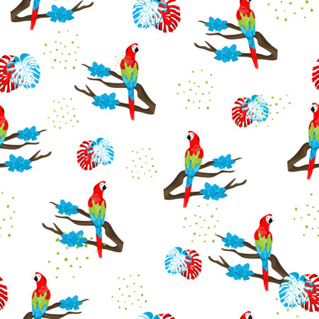 Tropical seamless pattern. Animal pattern with parrot and monstera for prints, textiles, bedding, packaging design and wallpapers.のイラスト素材
