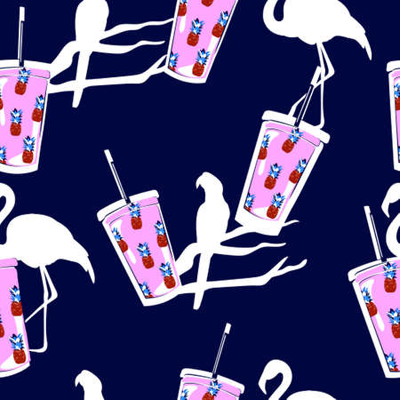 Tropical party seamless pattern. With drink, pineapple, flamingo and parrot. For printed matter, flyers, textiles and wallpapers.のイラスト素材