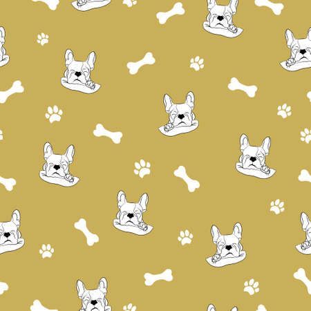 Dog seamless pattern. French bulldog, paw and bone. Graphic design for children, textiles, packaging, prints and wallpapers.のイラスト素材