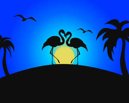 Silhouette of flamingos with tropical background. Palm trees, birds and sunset.のイラスト素材