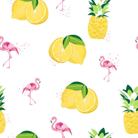Tropical pattern with fruits and flamingo. Lemon, pineapple and flamingo.のイラスト素材