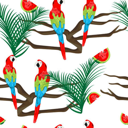 Tropical seamless pattern with parrot, watermelon and palm trees. Prints, textiles, bedding and wallpaper.のイラスト素材