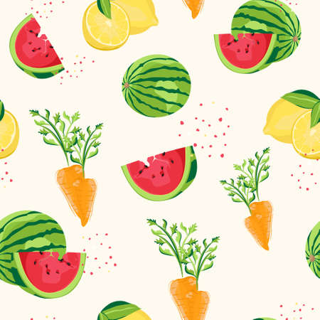 Seamless pattern with vegetables and fruits. Watermelon, lemon and carrot. Printing, packaging design, textiles and wallpapers. Trade and markets.のイラスト素材