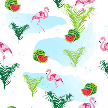 Tropical seamless pattern. Beach with flamingo, watermelon and palm trees. Prints, packaging design, bedding, clothing and wallpaper.のイラスト素材