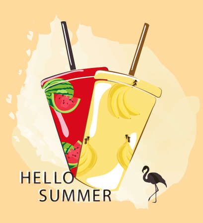 Vector banner with cocktails, flamingo and the inscription Hello Summer. For flyer, poster, print, party, invitations and more.のイラスト素材
