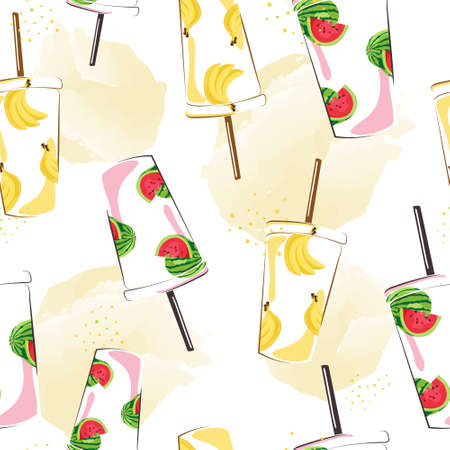 Summer seamless pattern with cocktails. Melon and banana milkshake. Printing, packaging design,...