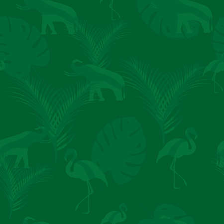 Jungle seamless pattern. Tropical pattern with wild nature. Elephant, flamingo, monstera and palm trees.のイラスト素材