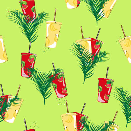 Summer seamless pattern with cocktails. Watermelon and banana smoothie. Tropical palm plants. Printing, packaging design, textiles, bedding and wallpaper.のイラスト素材