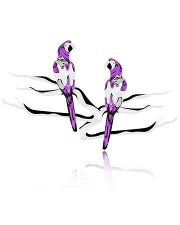 Purple parrots on a branch isolated on a white background with reflection.のイラスト素材