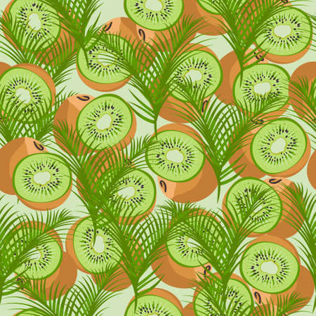 Kiwi seamless pattern. Exotic fruits with palm trees for prints, textiles, bedding, packaging design and wallpaper.のイラスト素材