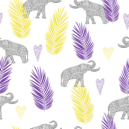 Tropical seamless pattern with elephant, hearts and palm leaves. Prints, packaging, textiles, bedding and wallpaper.のイラスト素材
