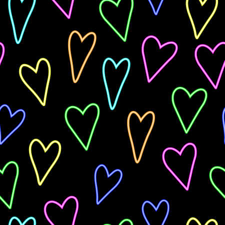Neon heart seamless pattern. Phosphorus colors on a black background. Prints, textiles, packaging design, bedding and wallpaper.のイラスト素材