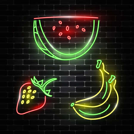 Fruit with neon effect. Watermelon, banana and strawberry isolated on brick dark background. Set of icons.のイラスト素材