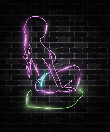 Naked sexy woman poses while sitting. Neon effect. Femininity. Nudity silhouette. Abstract vector illustration. Night club.のイラスト素材