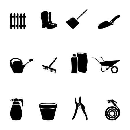 Garden icons set. Watering can, wheels, rubber bands, rake, fence, sprayer, shovel.のイラスト素材