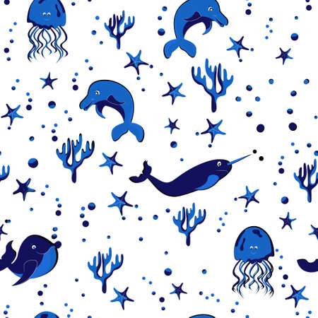 Underwater world seamless pattern. Dolphin, whale, narwhal, starfish and corals. Graphic design for children.のイラスト素材