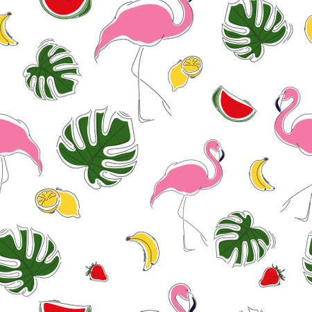 Seamless summer pattern of tropical fruits, flamingo and monstera. Watermelon, banana, strawberry and lemon. Vector illustration in doodle style. Prints, textiles, packaging designのイラスト素材