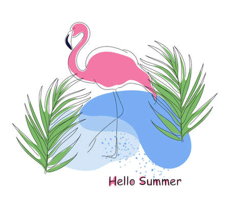 Abstract summer banner with flamingo and palm leaves. Inscription Hello summer! For printing, flyers, invitations, posters, t-shirt graphic design. Doodle style.のイラスト素材