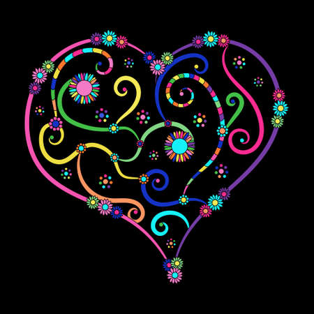Vector illustration of heart with decorative elements, flowers and spirals. Colorful isolated on black background.のイラスト素材