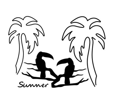Summer banner with toucan, palm trees and inscription summer. Isolated on white background. Monochrome vector illustration.のイラスト素材