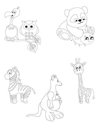 Set of coloring pages with animals. Vulture, owl, zebra, kangaroo, giraffe, panda and ladybug. Isolated on white background.のイラスト素材