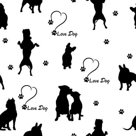 Dog seamless pattern. American Staffordshire Terrier, French Bulldog, Pit Bull. Inscription Love Dog and heart. Prints, packaging design, textiles, bedding and wallpaper.のイラスト素材