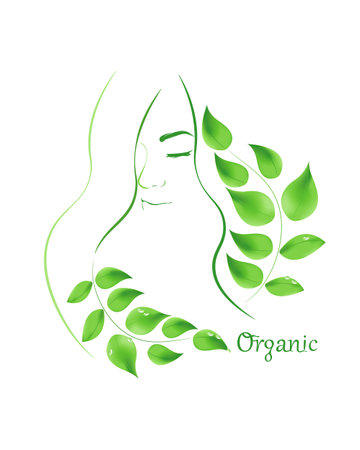 Inscription organic and leaf and girl. Use for natural products, cosmetics, organic food, medicine. isolated on white background.のイラスト素材