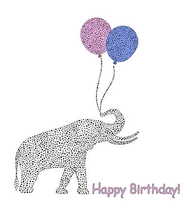 Birthday card. Greeting card with the inscription Happy Birthday with elephant and inflatable balloons. Isolated on white background.のイラスト素材