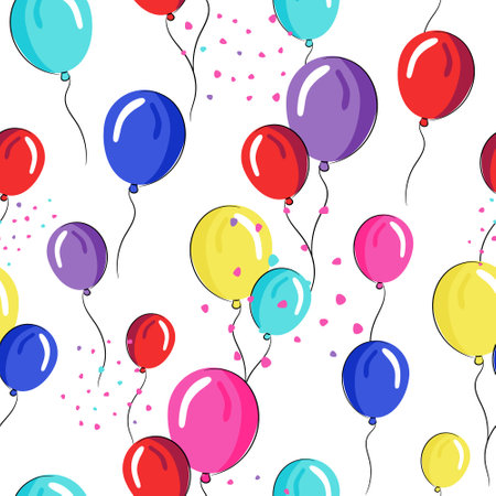 Festive seamless pattern. Birthday wrapping paper. Pattern with inflatable balloons, and polka dots. Packaging design, prints, textiles, wallpapers.のイラスト素材