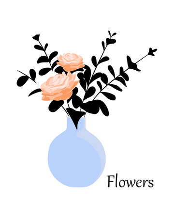 Light roses in a vase with the inscription Flowers. Isolated on white background.のイラスト素材