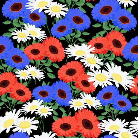 Daisy and gerbera flowers seamless pattern. Floral template for packaging design, textile, print, bedding and wallpaper.のイラスト素材