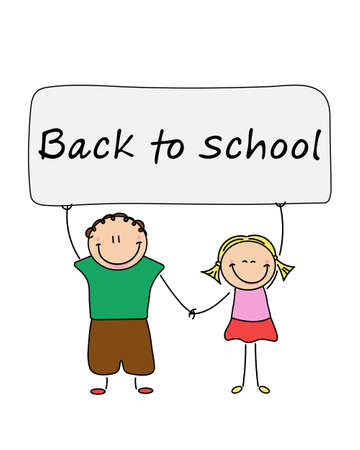 Children are holding a banner with the inscription Back to School. Childish characters, girl and boy isolated on white background.のイラスト素材