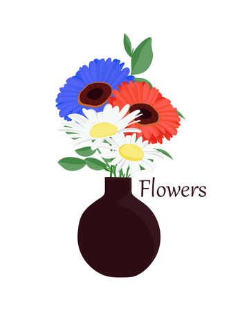 Vector illustration of gerbera and daisy in a vase with the inscription Flowers. Isolated on white background.のイラスト素材