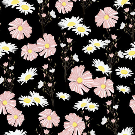 Floral seamless pattern. Delicate pattern of decorative twigs and daisy flowers. Prints, textiles, bedding, packaging design, templates and wallpaper.のイラスト素材