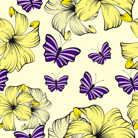 Floral colorful seamless pattern. Yellow and purple lily flower. Butterflies. Prints, packaging template, textiles, bedding and wallpaper. Groovy.のイラスト素材