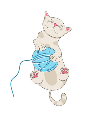 Vector illustration of cartoon fairy cat. Caricature. A cat is playing with a ball of yarn. Isolated on white background.のイラスト素材