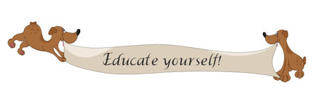 Dogs holding a banner. The inscription Educate yourself! Animals and graphic design for children. Back to school. Education. Isolated on white background.のイラスト素材