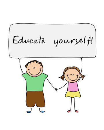 Children holding a banner. Inscription Educate yourself! Graphic design for children. Back to school. Education. Isolated on white background.のイラスト素材